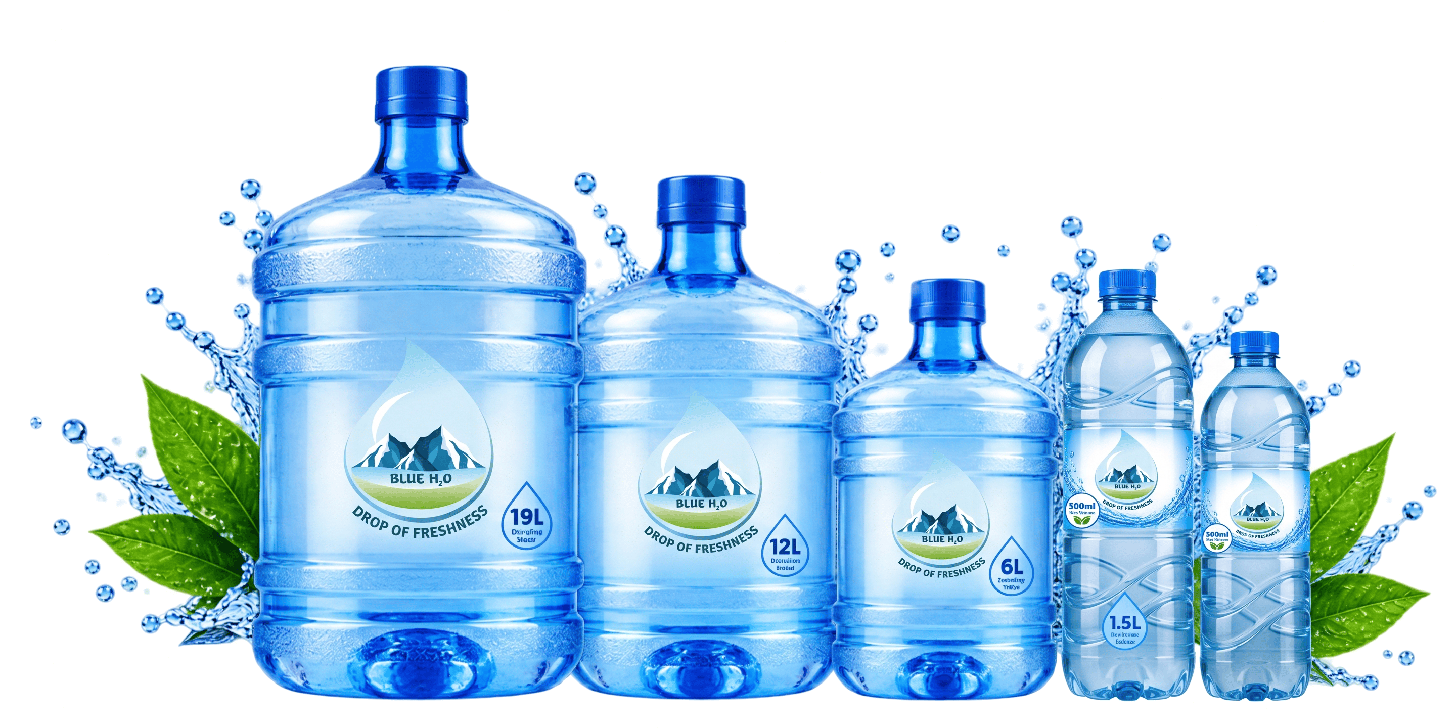 Blue H2O water bottles - 19L, 12L, 6L, 1.5L, 500ml